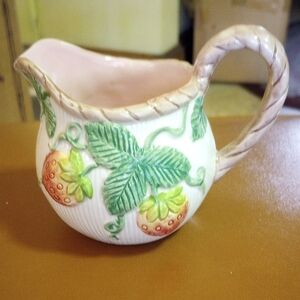 Vintage Ceramic Strawberry Creamer Pitcher. White Red Green Pink